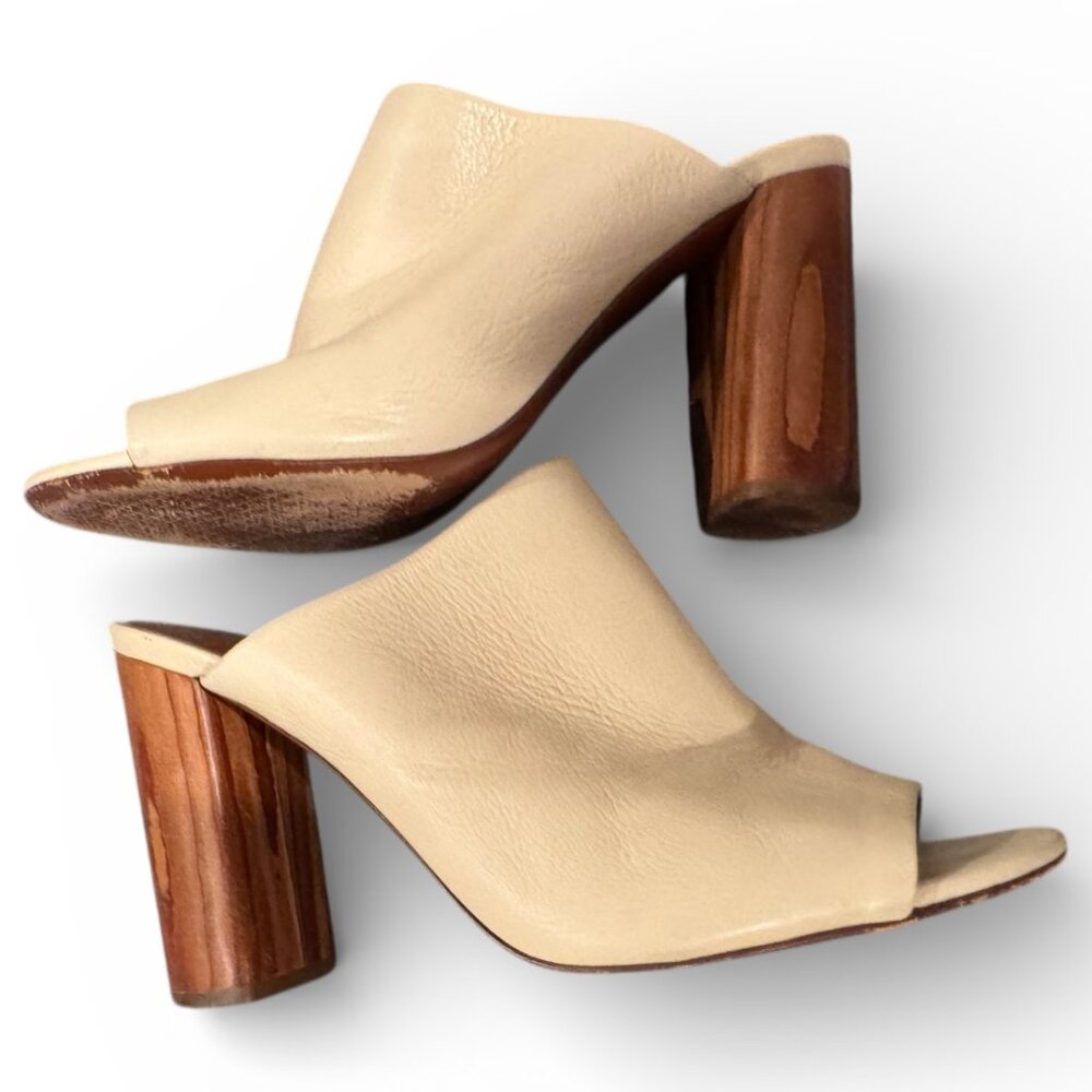 Tory Burch Raya Leather Open Toe Block Heel Mules Cream | Women’s 9.5 Designer - Picture 8 of 9